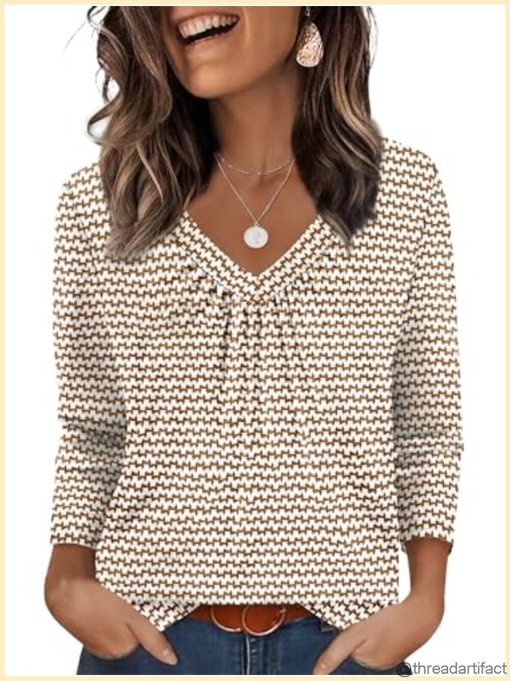 OFEEFAN Women's 3/4 Sleeve Pleated V Neck Tunic T-Shirt Loose Casual Blouse